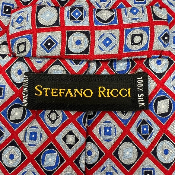 Vintage Stefano Ricci 100% Silk Tie Red Gray Silver Blue Black Geometric Pattern - Picture 4 of 7